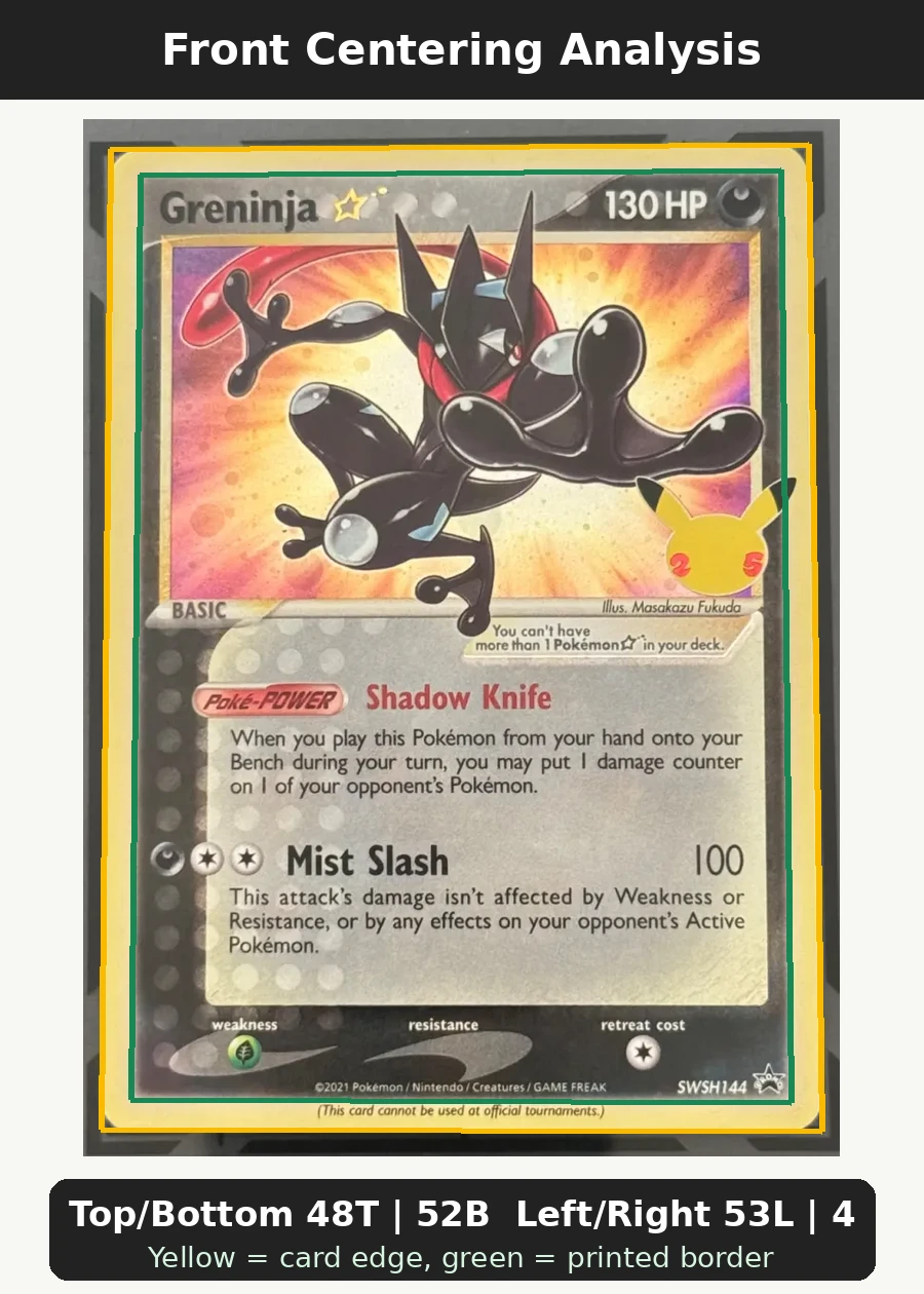 Greninja {star} SWSH144/307 SWSH Black Star Promos front centering analysis showing Top/Bottom 48T | 52B and Left/Right 53L | 47R.