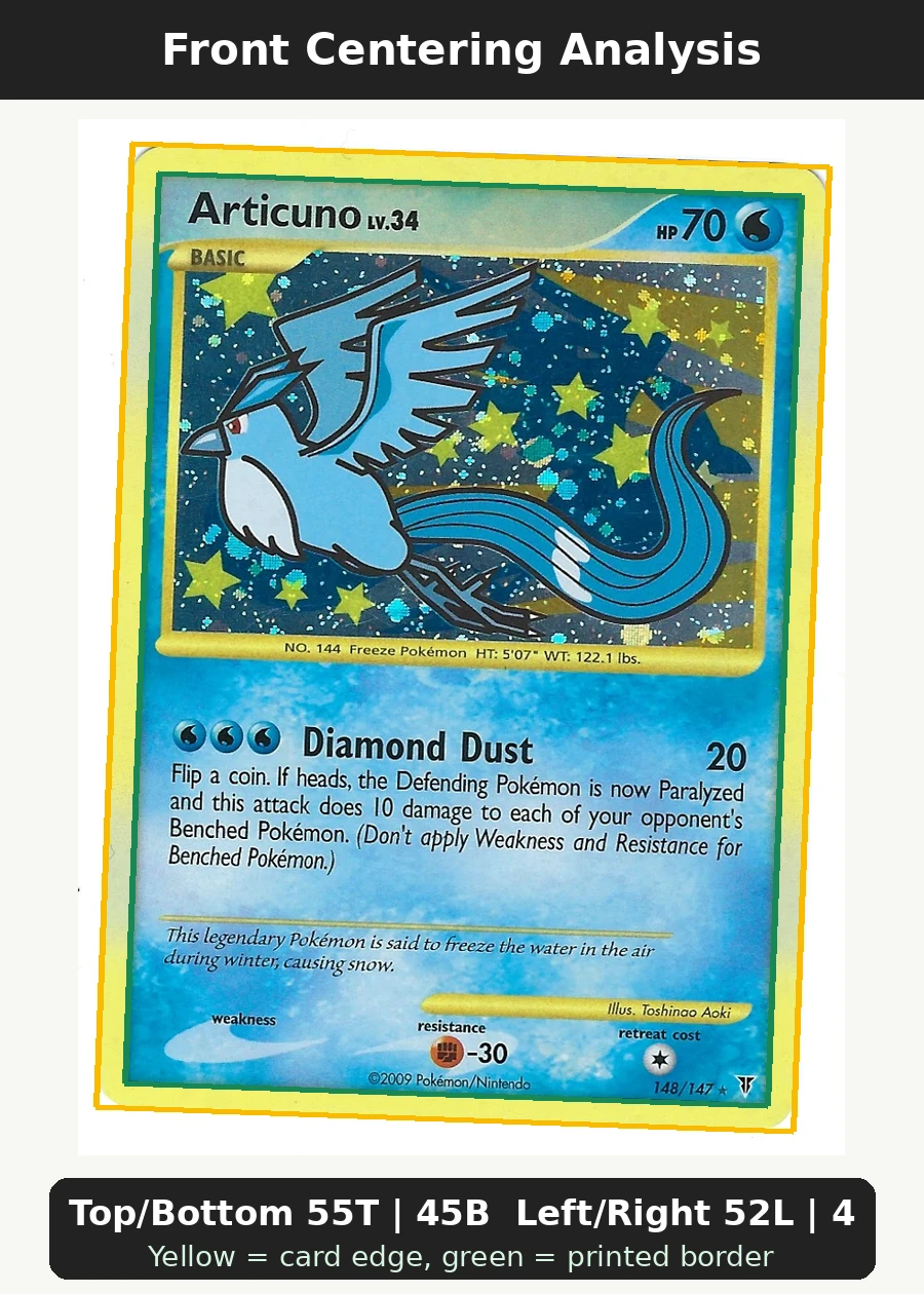 Articuno 148/147 Supreme Victors front centering analysis showing Top/Bottom 55T | 45B and Left/Right 52L | 48R.