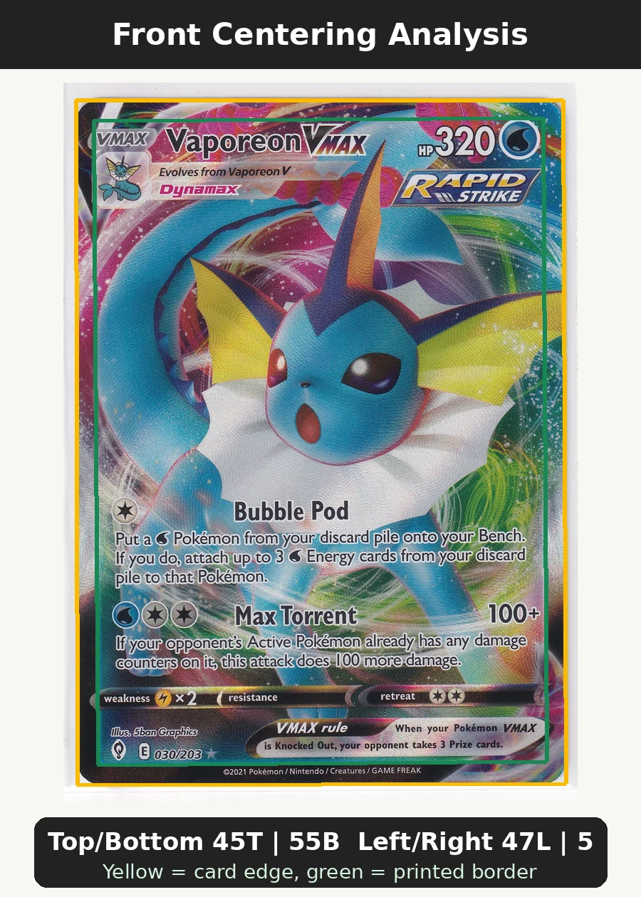 Vaporeon VMAX 030/203 Evolving Skies front centering analysis showing Top/Bottom 45T | 55B and Left/Right 47L | 53R.