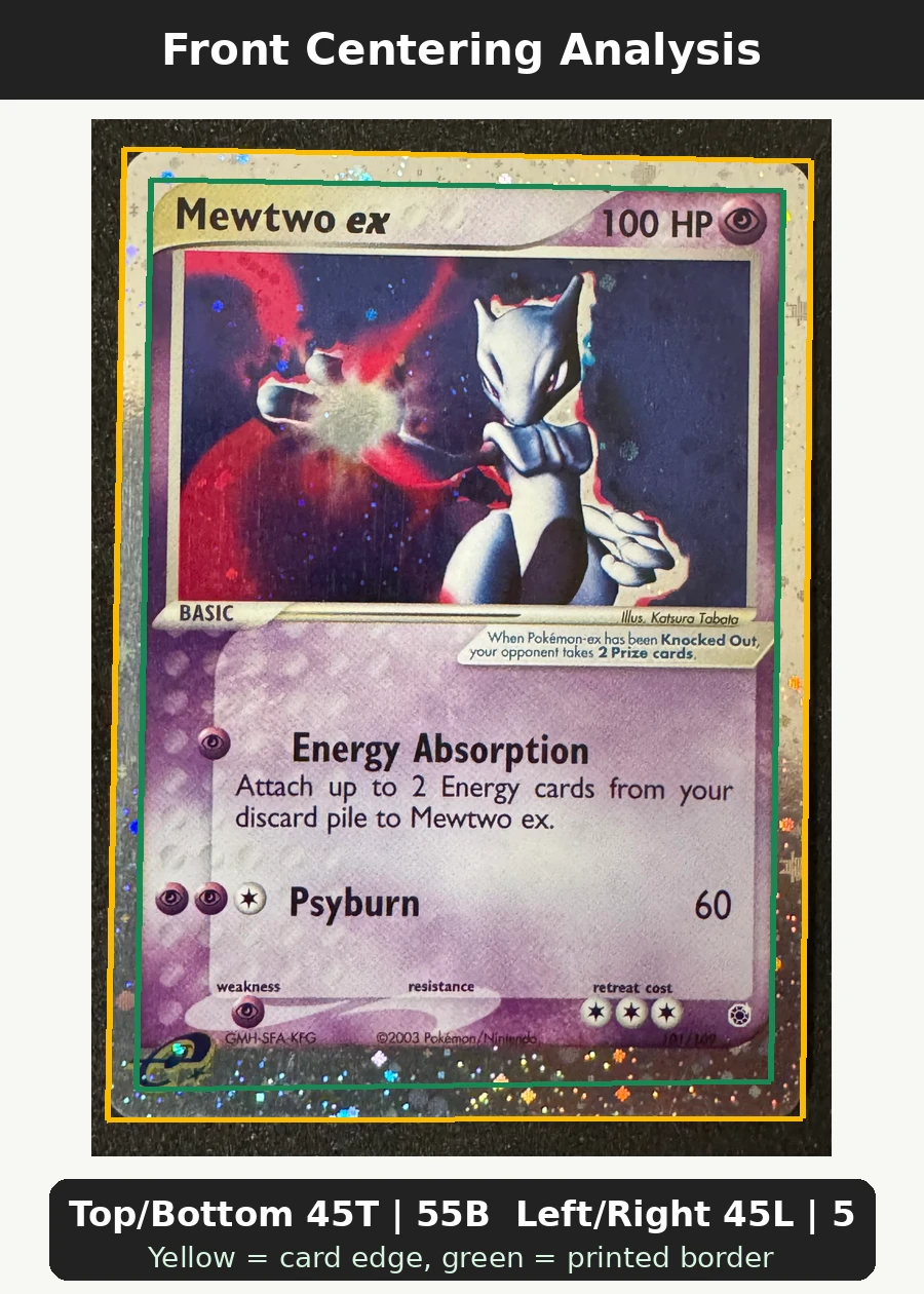 Mewtwo ex 101/109 Ruby & Sapphire front centering analysis showing Top/Bottom 45T | 55B and Left/Right 45L | 55R.