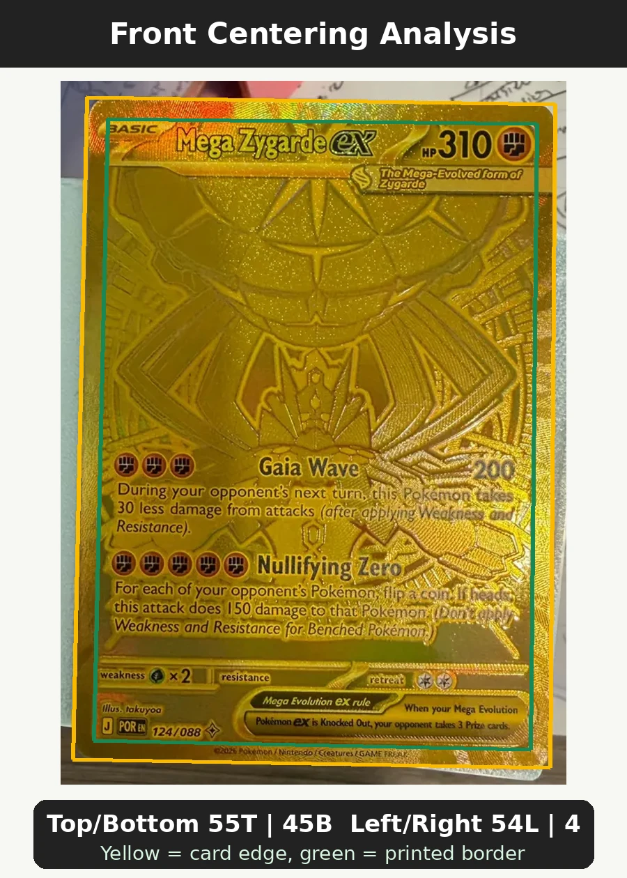 Mega Zygarde ex 124/88 Perfect Order front centering analysis showing Top/Bottom 55T | 45B and Left/Right 54L | 46R.