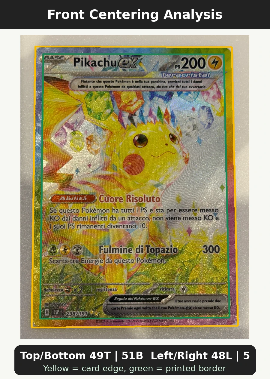 Pikachu ex 238/191 Surging Sparks front centering analysis showing Top/Bottom 49T | 51B and Left/Right 48L | 52R.