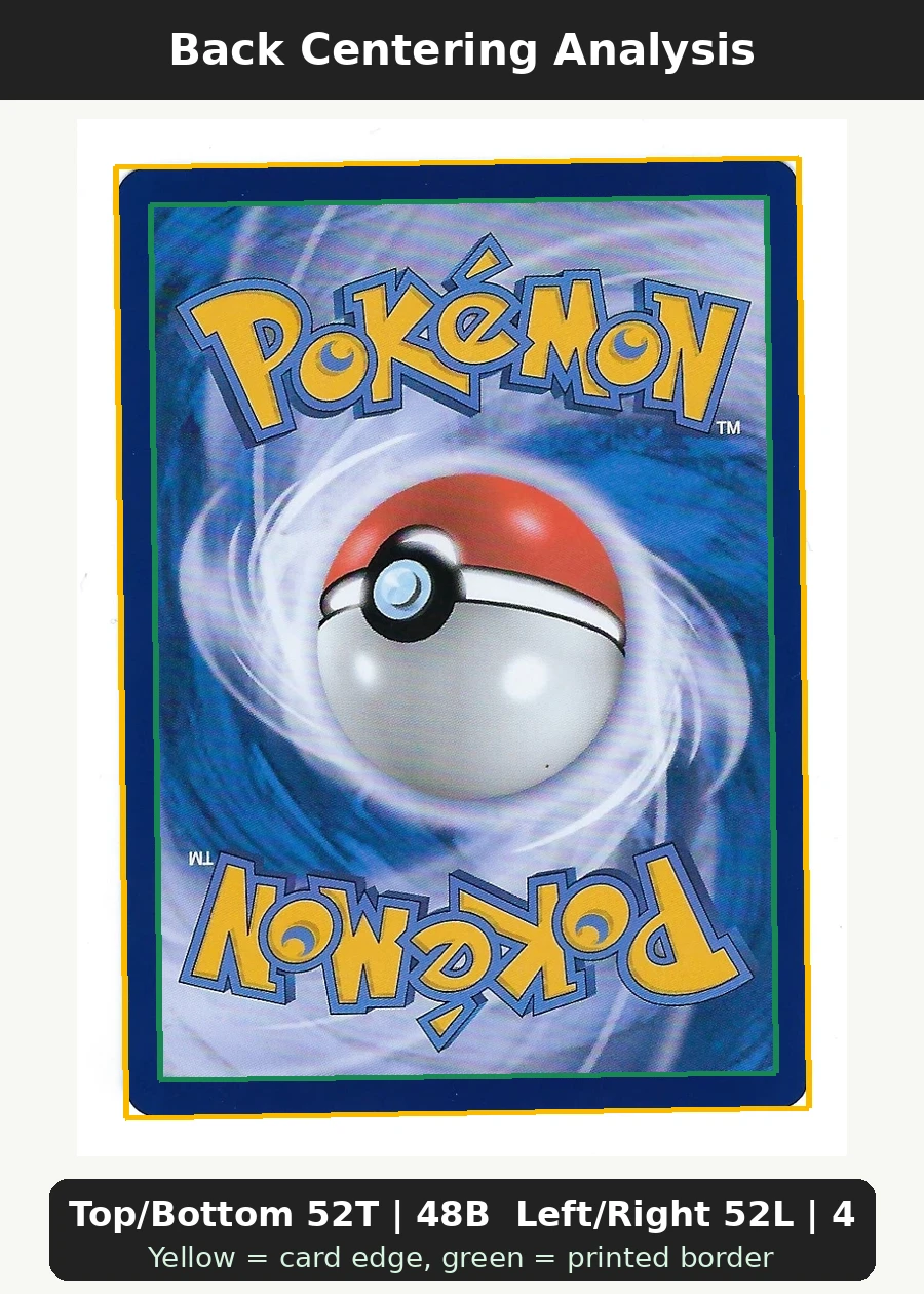 Pikachu SWSH020/307 SWSH Black Star Promos back centering analysis showing Top/Bottom 52T | 48B and Left/Right 52L | 48R.