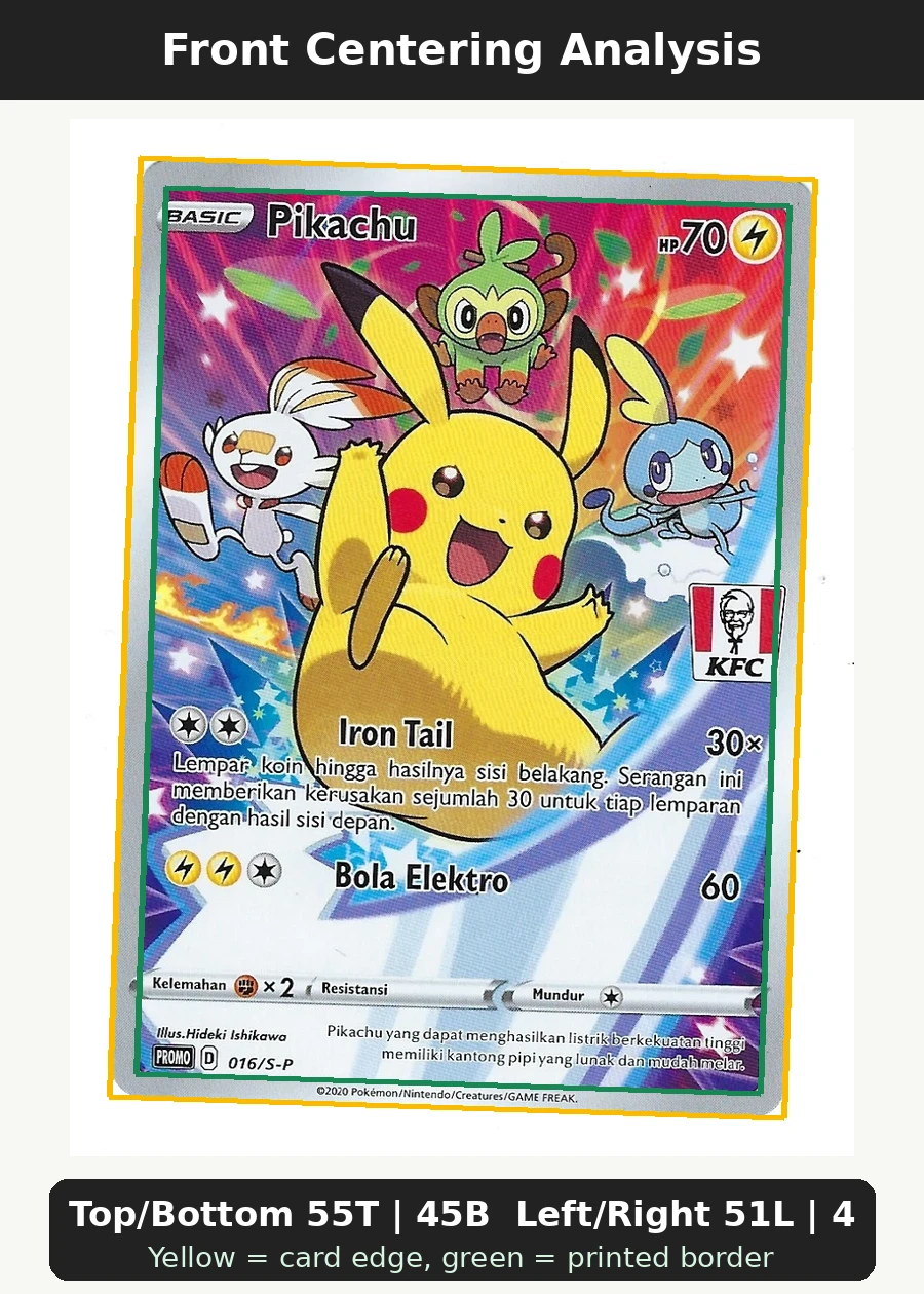 Pikachu SWSH020/307 SWSH Black Star Promos front centering analysis showing Top/Bottom 55T | 45B and Left/Right 51L | 49R.