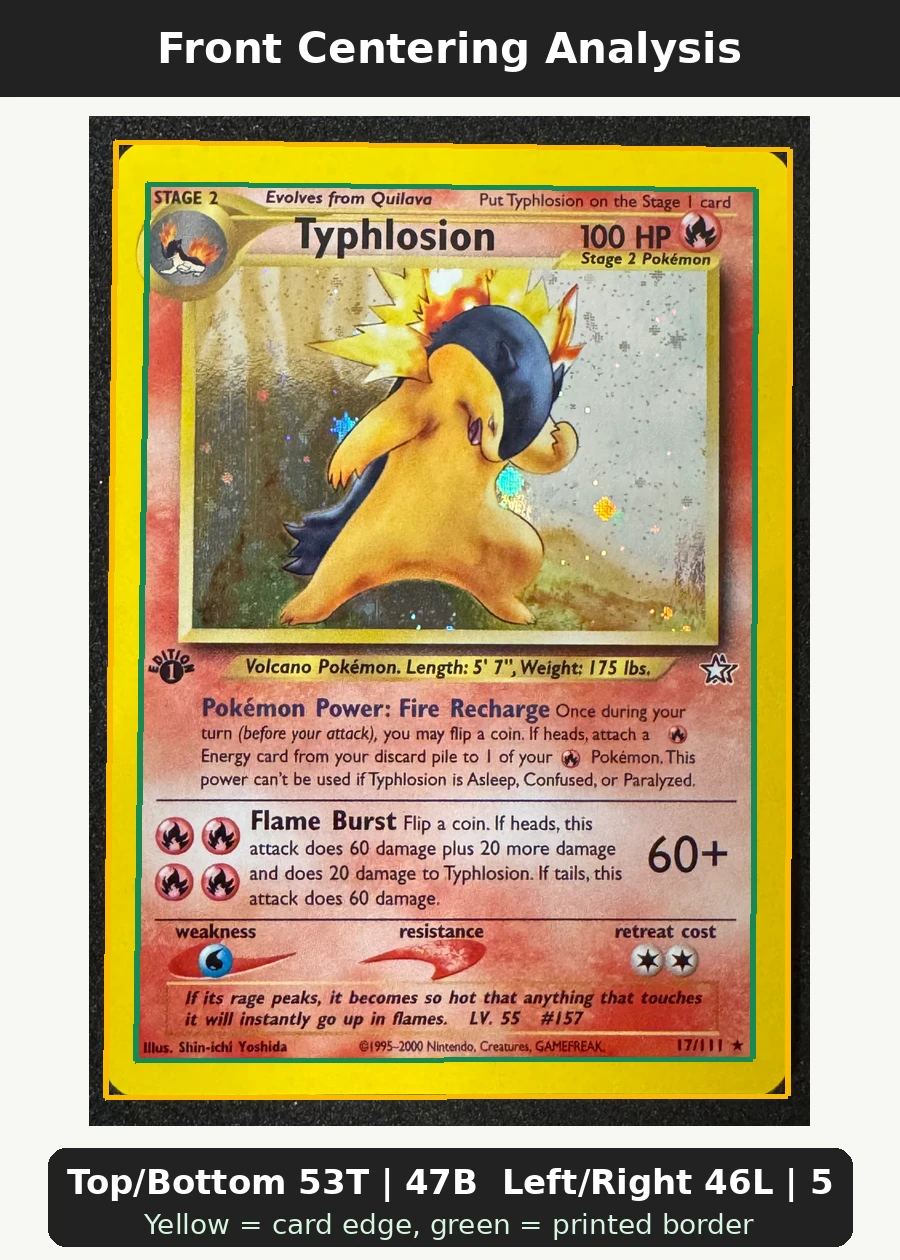 Typhlosion 017/111 Neo Genesis front centering analysis showing Top/Bottom 53T | 47B and Left/Right 46L | 54R.