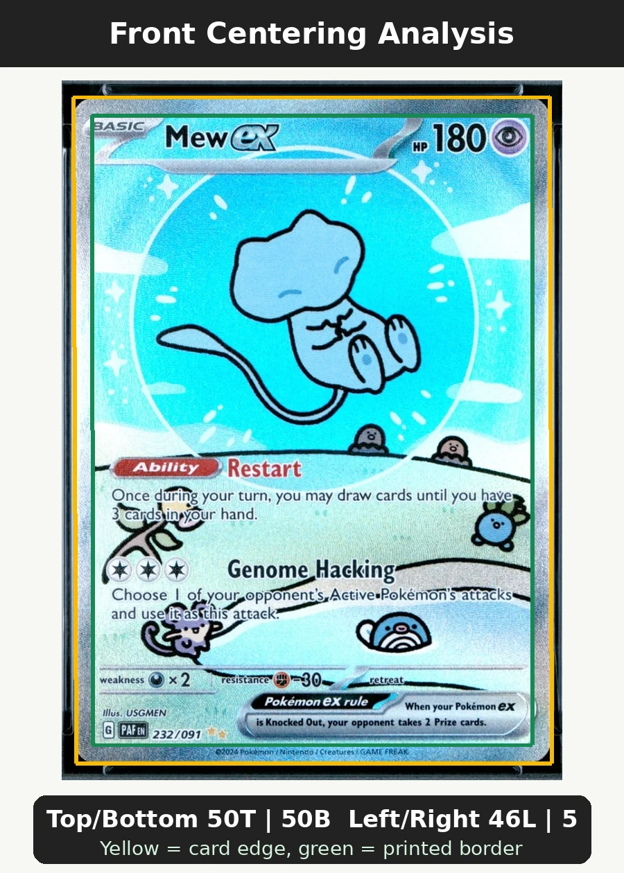 Mew ex 232/91 Paldean Fates front centering analysis showing Top/Bottom 50T | 50B and Left/Right 46L | 54R.