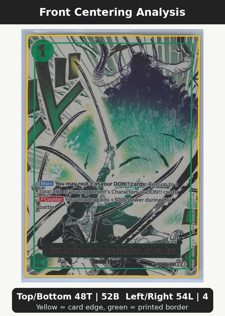 Demon Aura Nine Sword Style Asura Blades Drawn Dead Man's Game (OP12-037) OP12-037 Legacy of the Master front centering analysis showing Top/Bottom 48T | 52B and Left/Right 54L | 46R.