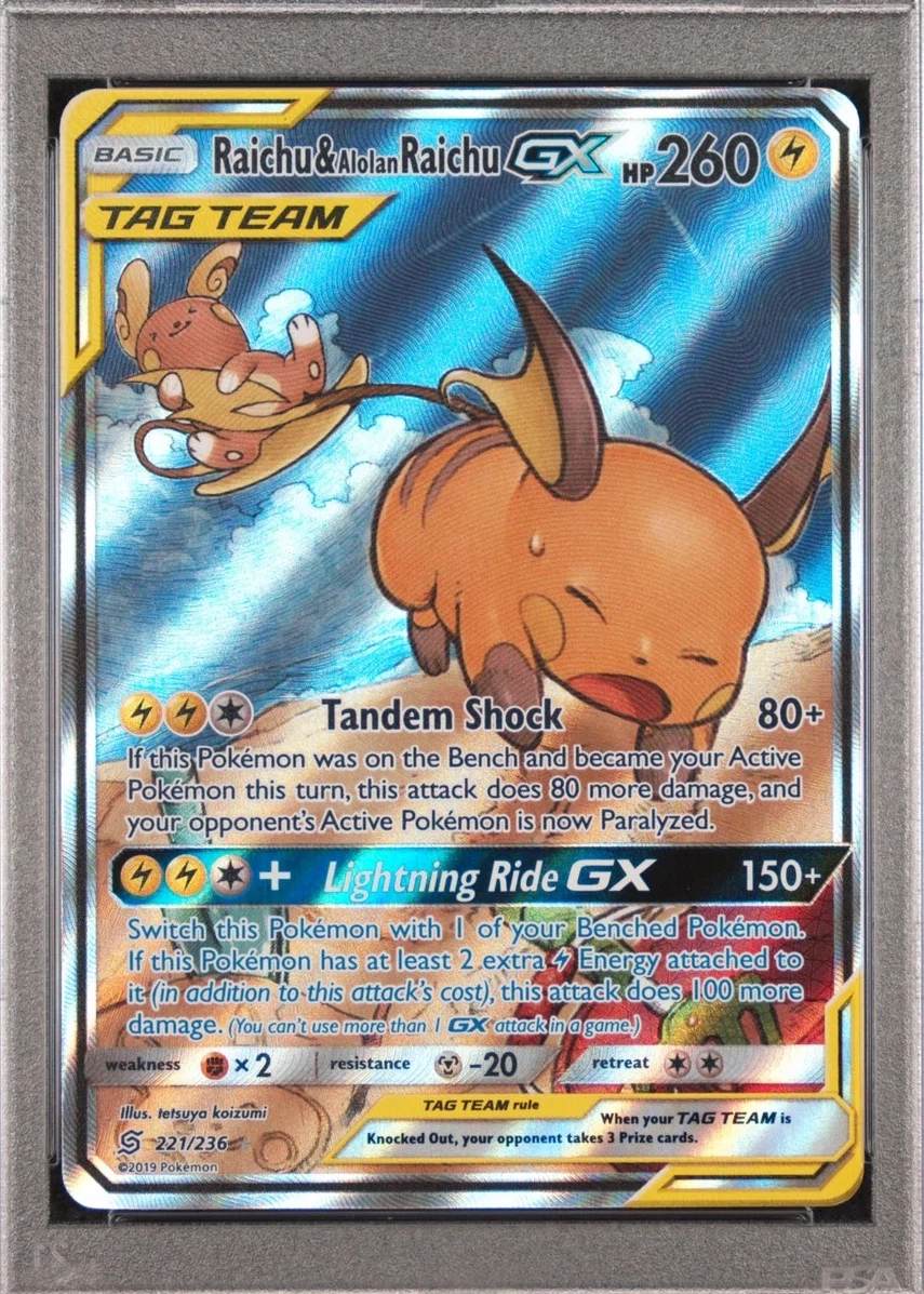 Raichu & Alolan Raichu GX 221/236 Unified Minds front card photo in PokeToGrade pregrading report