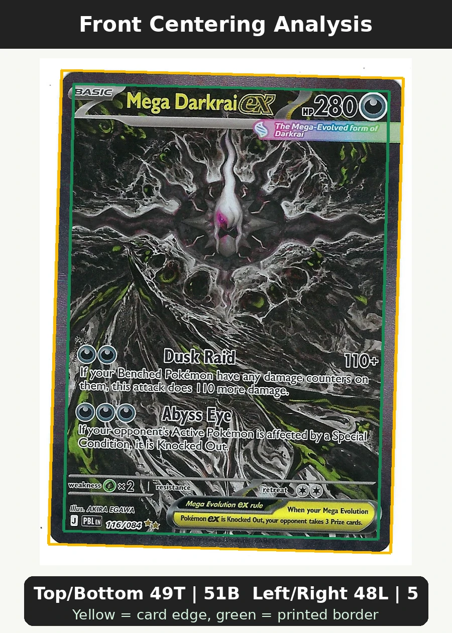 Mega Darkrai ex 116/84 Pitch Black front centering analysis showing Top/Bottom 49T | 51B and Left/Right 48L | 52R.