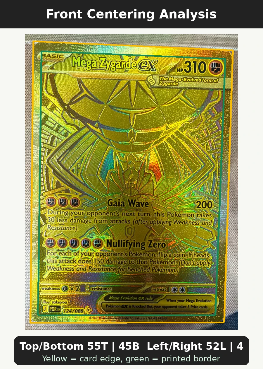 Mega Zygarde ex 124/88 Perfect Order front centering analysis showing Top/Bottom 55T | 45B and Left/Right 52L | 48R.