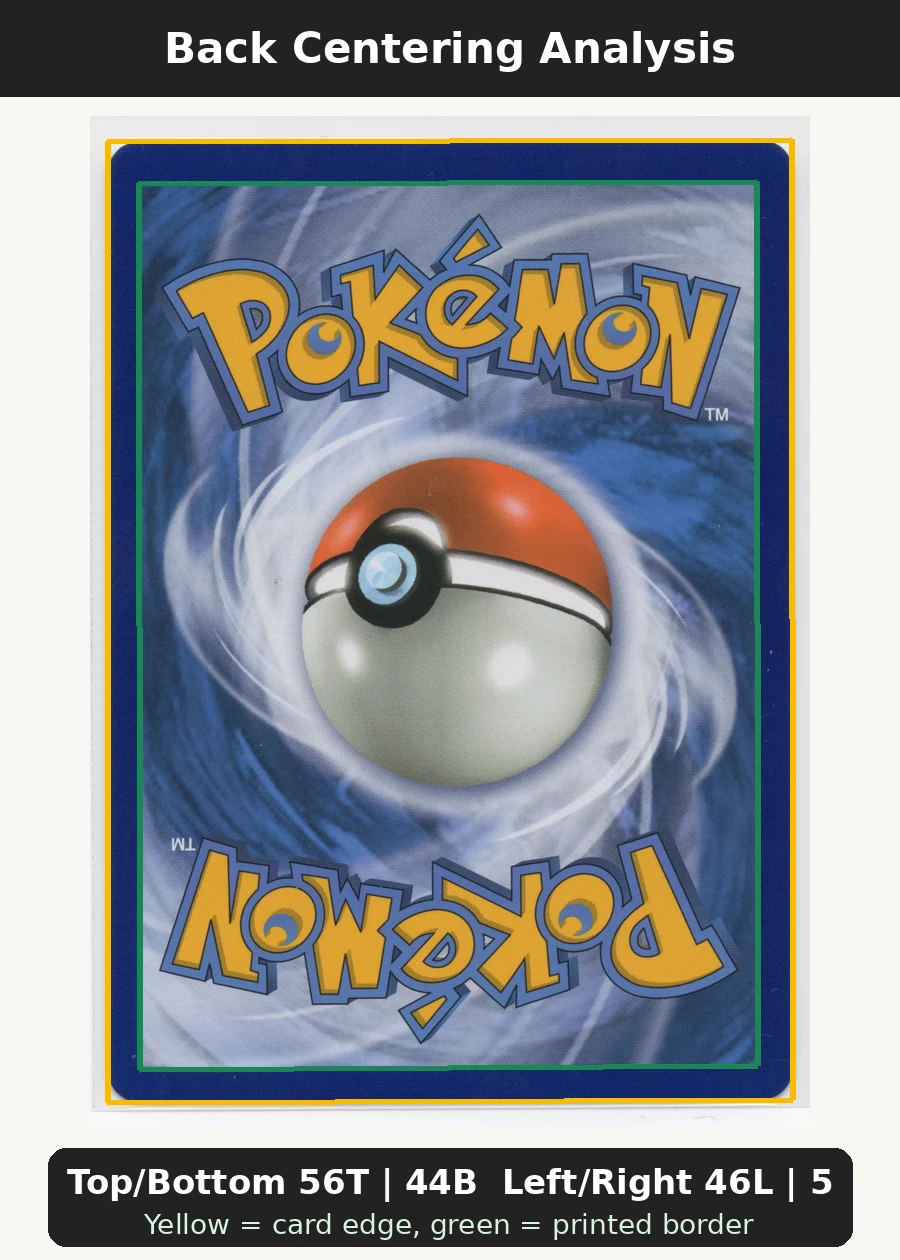 Venusaur & Snivy GX SM229/248 SM Black Star Promos back centering analysis showing Top/Bottom 56T | 44B and Left/Right 46L | 54R.