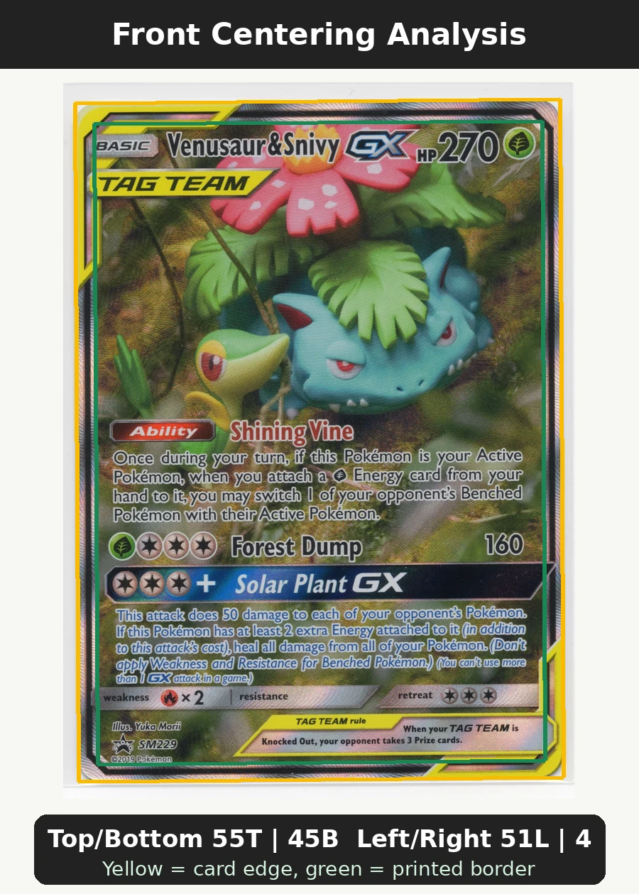 Venusaur & Snivy GX SM229/248 SM Black Star Promos front centering analysis showing Top/Bottom 55T | 45B and Left/Right 51L | 49R.