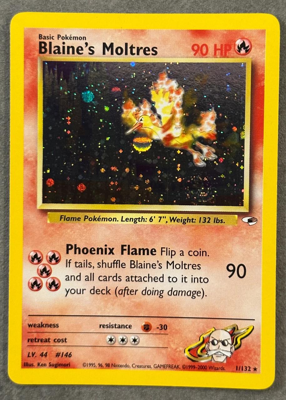 Blaine's Moltres 001/132 Gym Heroes front card photo in PokeToGrade pregrading report