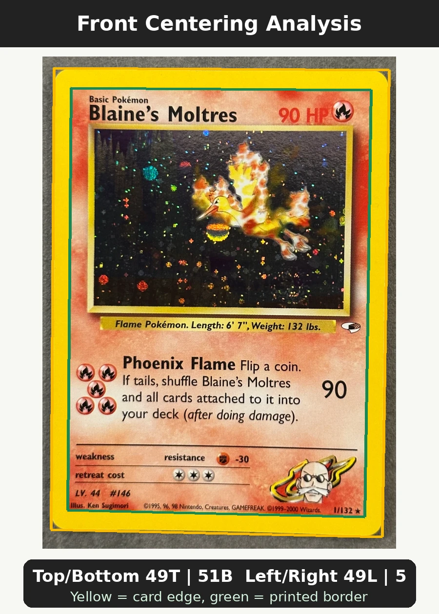 Blaine's Moltres 001/132 Gym Heroes front centering analysis showing Top/Bottom 49T | 51B and Left/Right 49L | 51R.