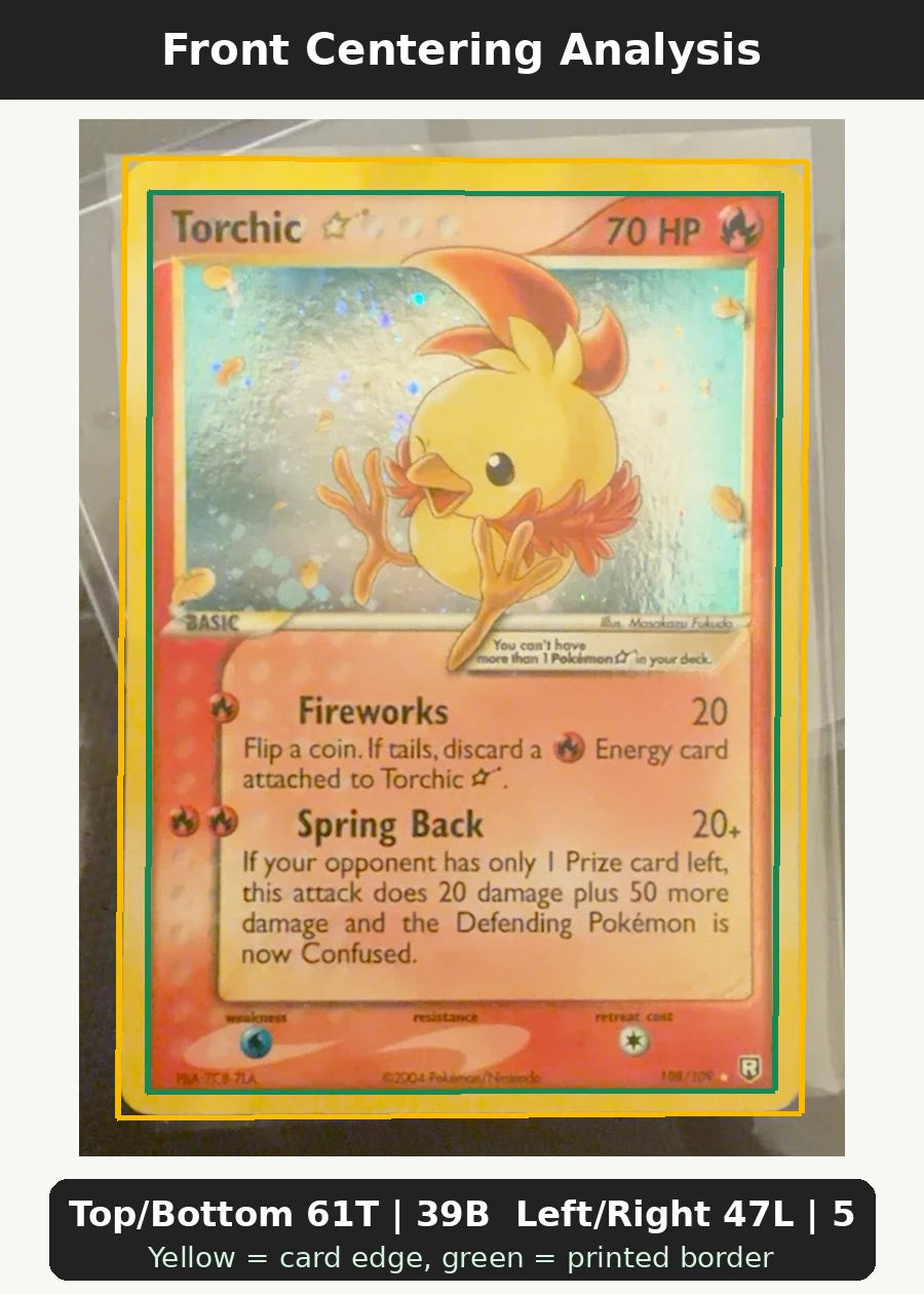 Torchic Star 108/109 Team Rocket Returns front centering analysis showing Top/Bottom 61T | 39B and Left/Right 47L | 53R.