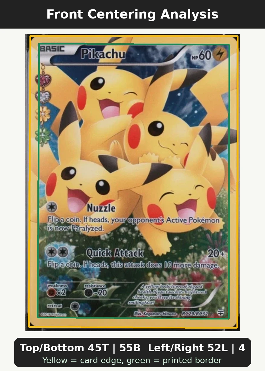 Pikachu RC29/83 Generations front centering analysis showing Top/Bottom 45T | 55B and Left/Right 52L | 48R.