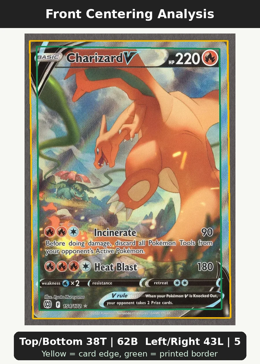 Charizard V 154/172 Brilliant Stars front centering analysis showing Top/Bottom 38T | 62B and Left/Right 43L | 57R.