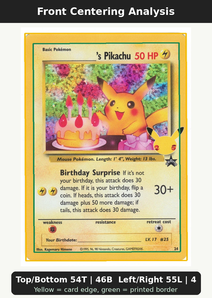 _____'s Pikachu 24A/25 Celebrations front centering analysis showing Top/Bottom 54T | 46B and Left/Right 55L | 45R.