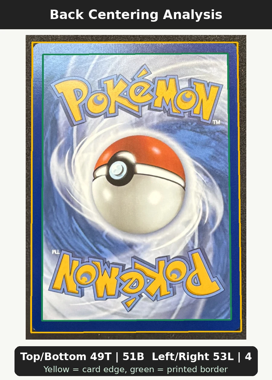 Haunter 027 MEP Black Star Promos back centering analysis showing Top/Bottom 49T | 51B and Left/Right 53L | 47R.
