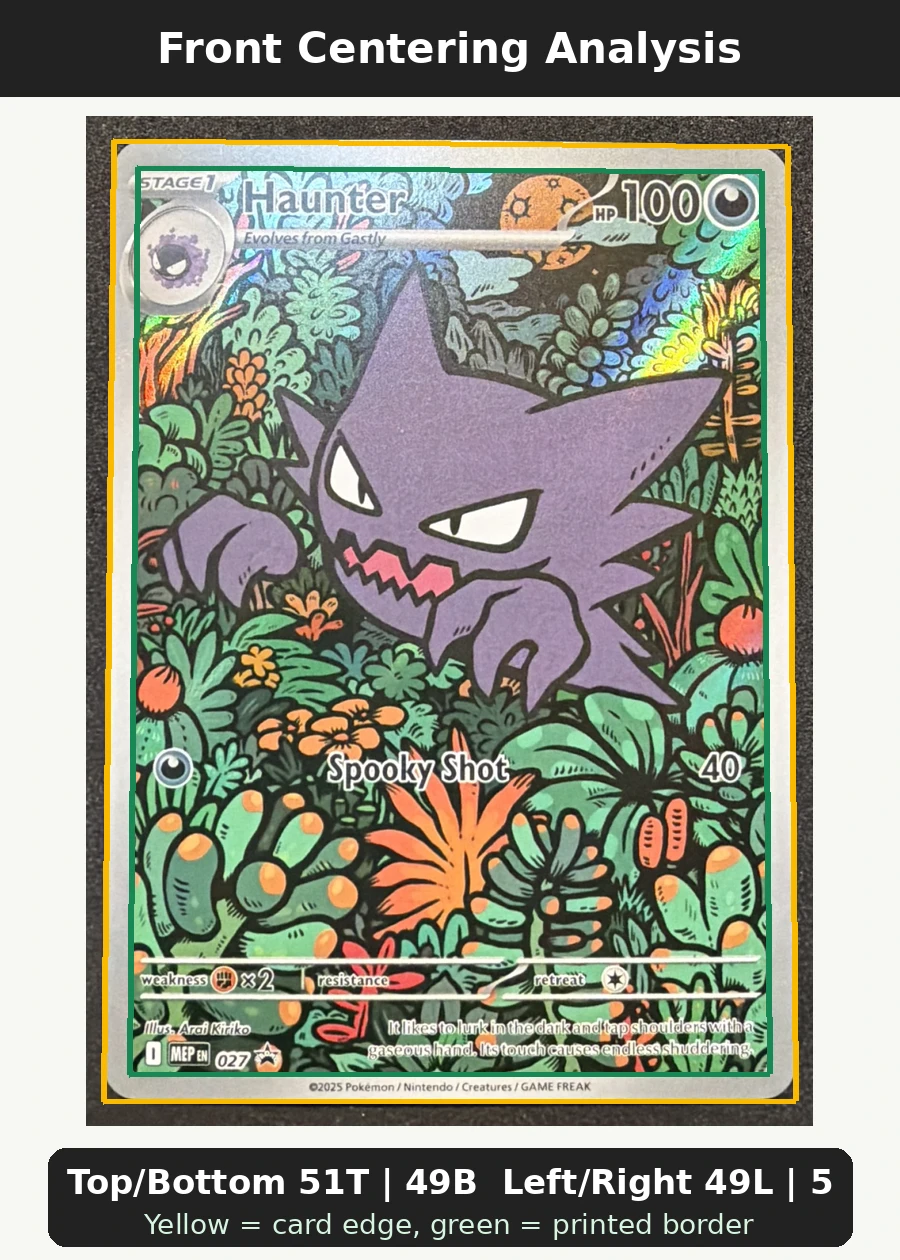 Haunter 027 MEP Black Star Promos front centering analysis showing Top/Bottom 51T | 49B and Left/Right 49L | 51R.