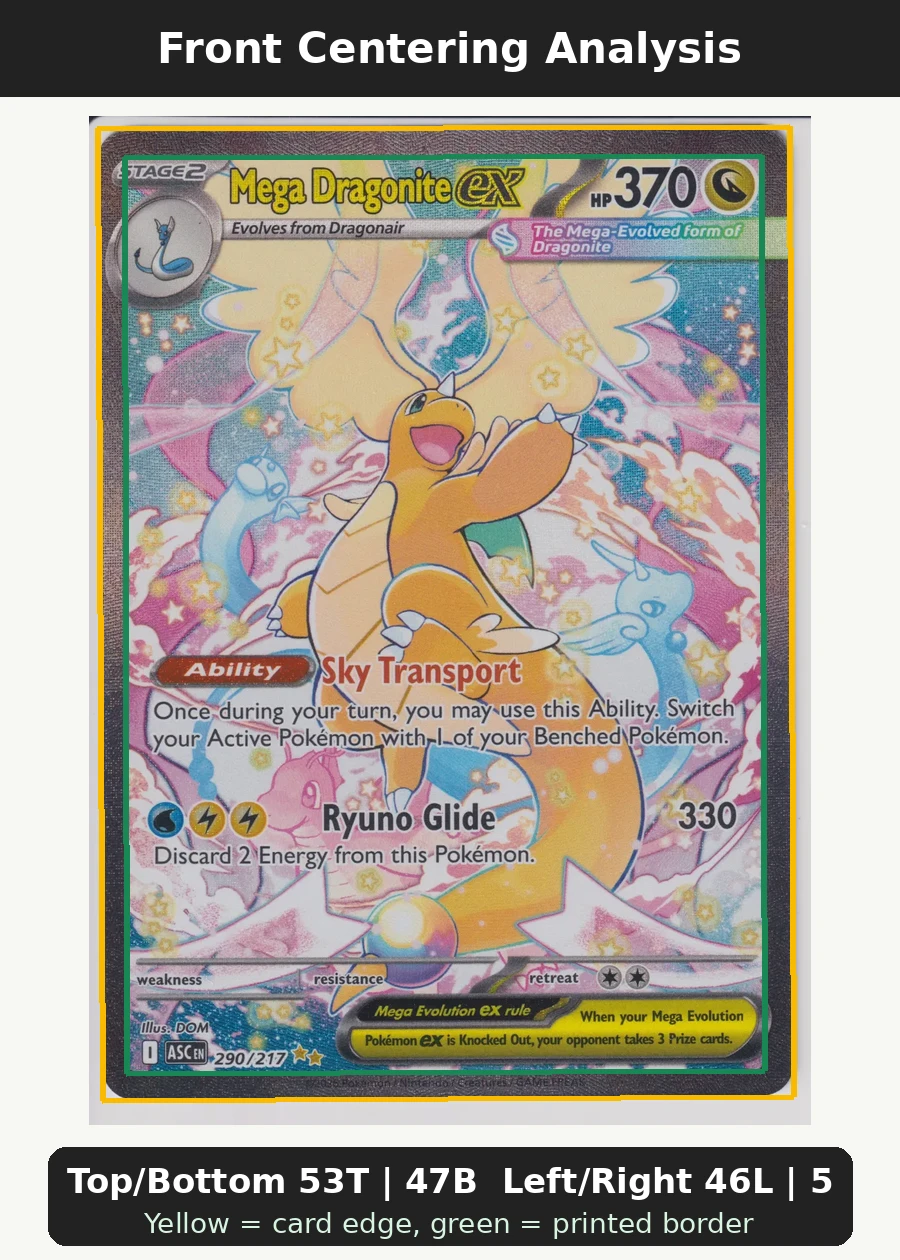 Mega Dragonite ex 290/217 Ascended Heroes front centering analysis showing Top/Bottom 53T | 47B and Left/Right 46L | 54R.