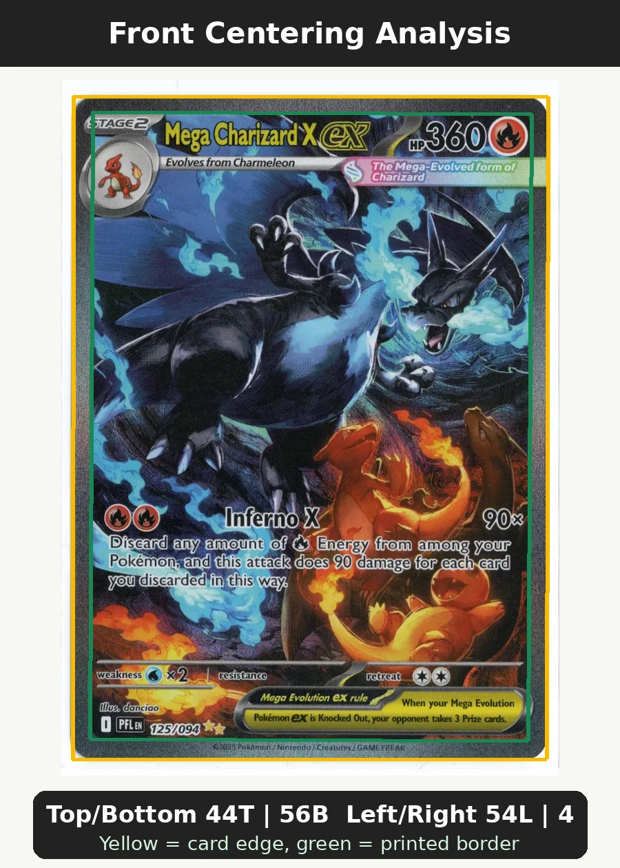 Mega Charizard X ex 125/94 Phantasmal Flames front centering analysis showing Top/Bottom 44T | 56B and Left/Right 54L | 46R.