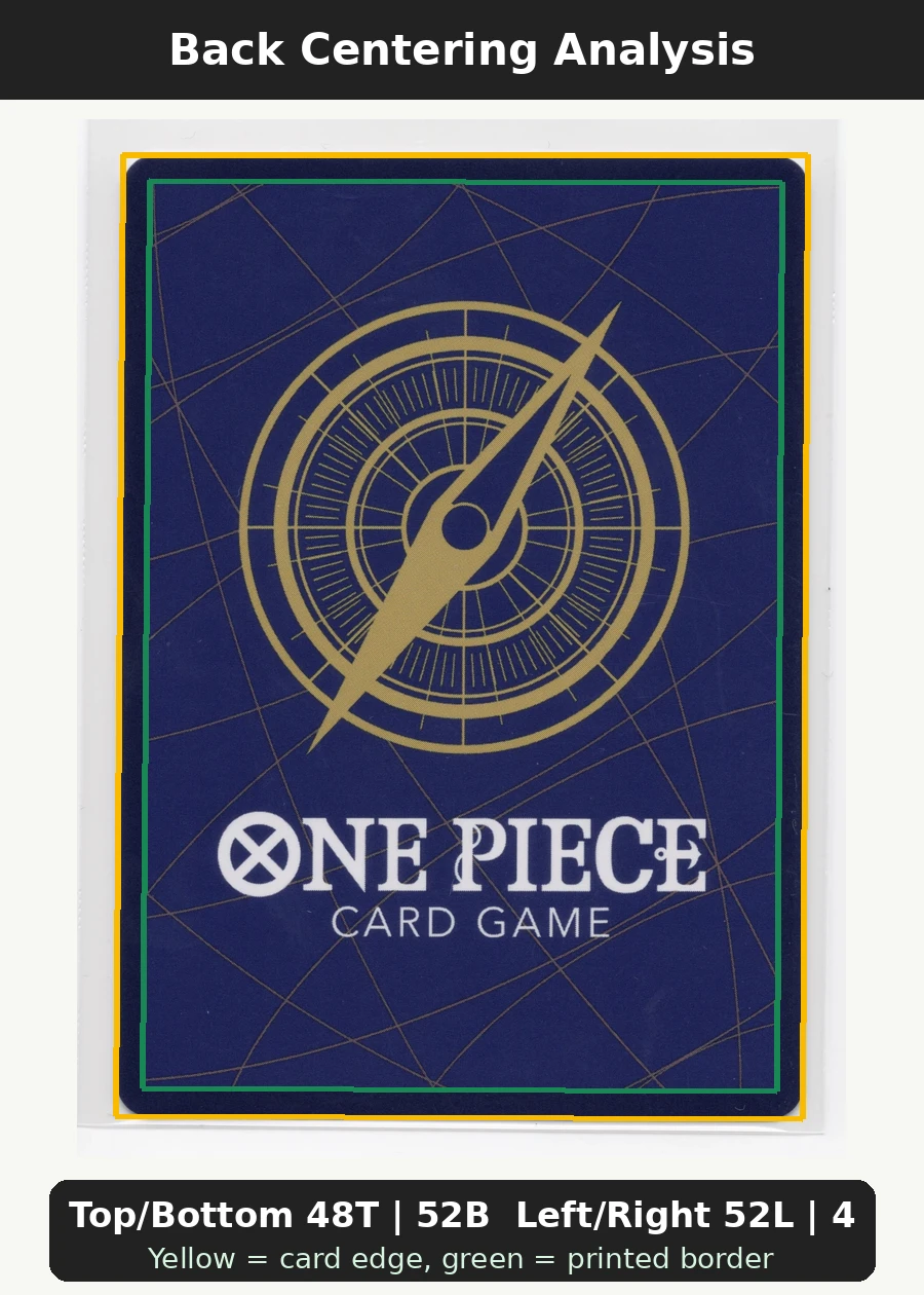 Franky ST21-011 One Piece Promotion Cards back centering analysis showing Top/Bottom 48T | 52B and Left/Right 52L | 48R.