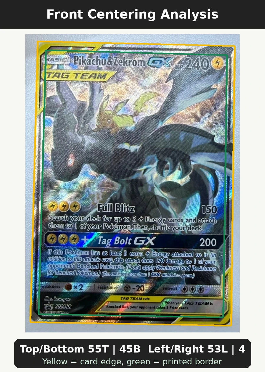 Pikachu & Zekrom GX SM168/248 SM Black Star Promos front centering analysis showing Top/Bottom 55T | 45B and Left/Right 53L | 47R.