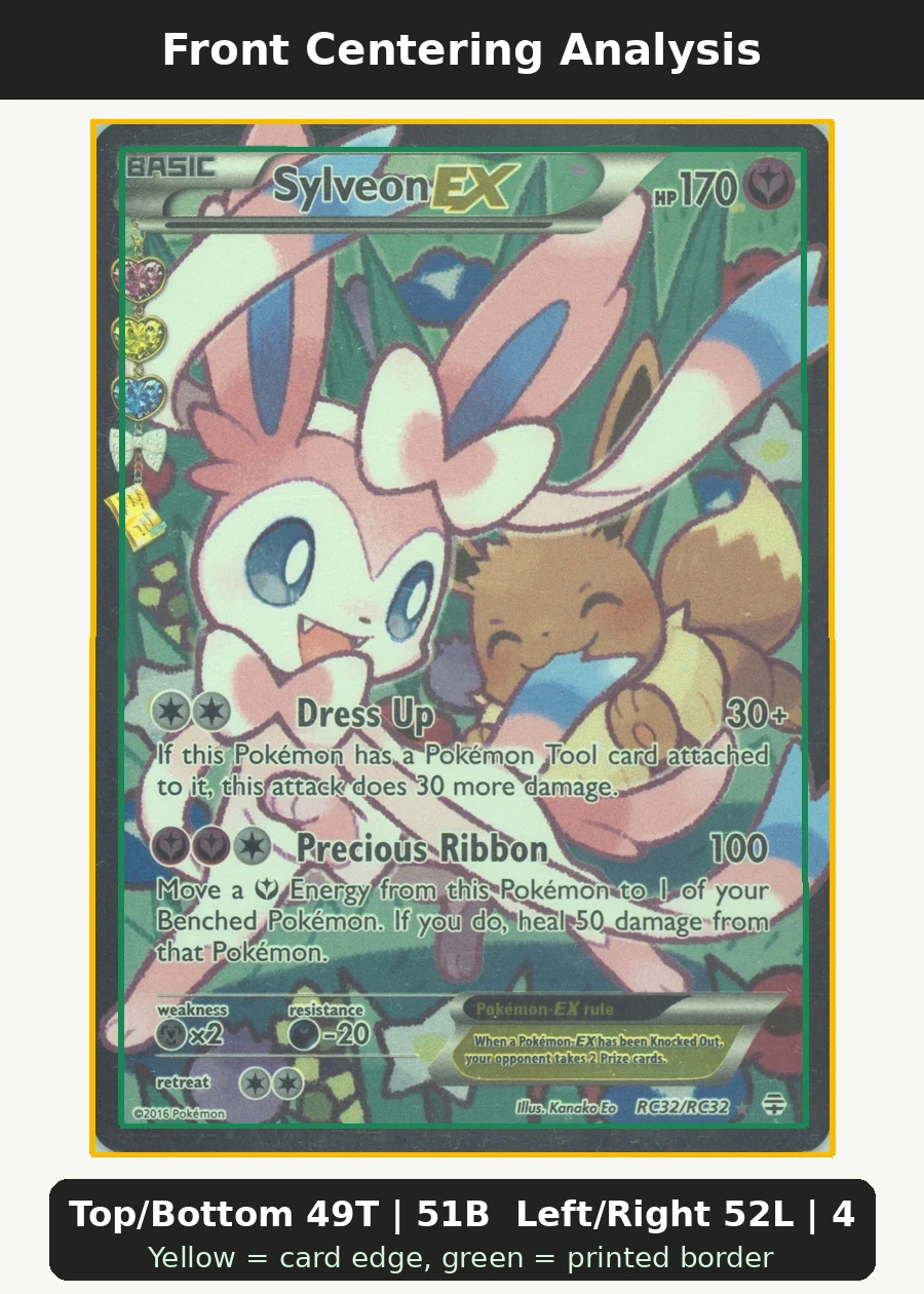 Sylveon EX RC32/83 Generations front centering analysis showing Top/Bottom 49T | 51B and Left/Right 52L | 48R.