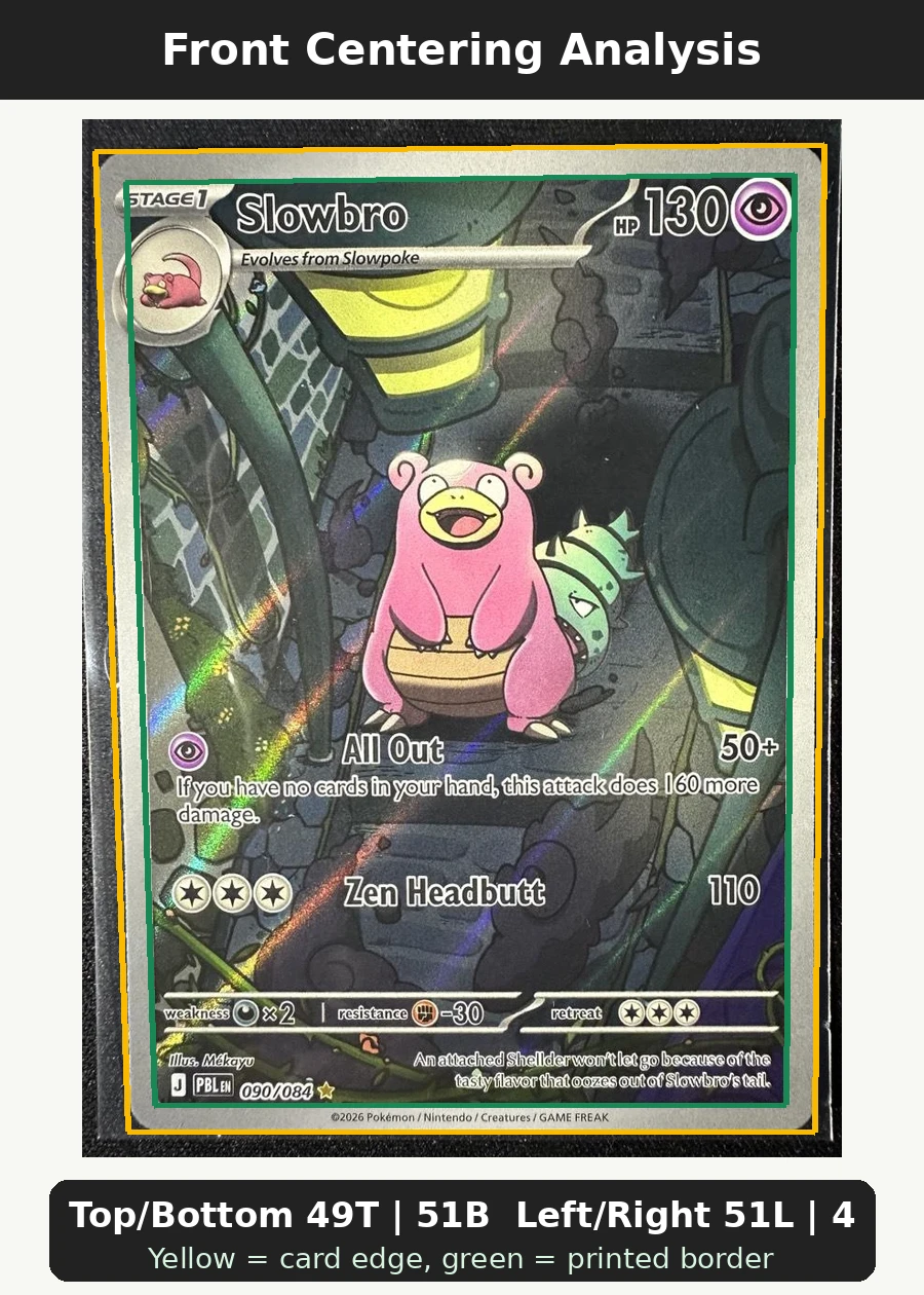 Slowbro 090/84 Pitch Black front centering analysis showing Top/Bottom 49T | 51B and Left/Right 51L | 49R.
