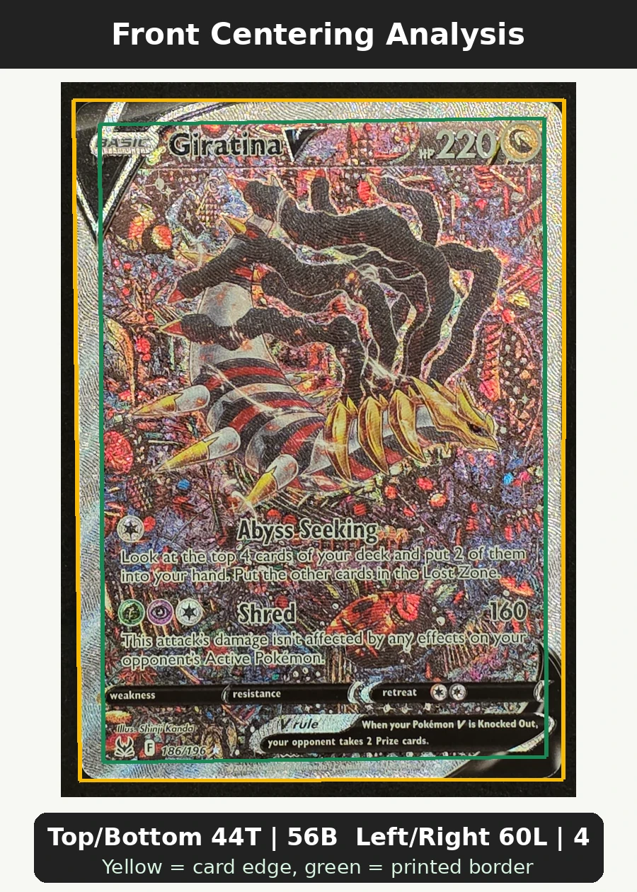 Giratina V 186/196 Lost Origin front centering analysis showing Top/Bottom 44T | 56B and Left/Right 60L | 40R.