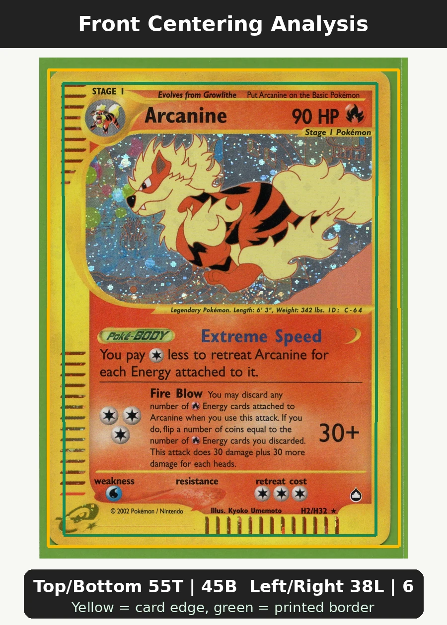 Arcanine H02/147 Aquapolis front centering analysis showing Top/Bottom 55T | 45B and Left/Right 38L | 62R.