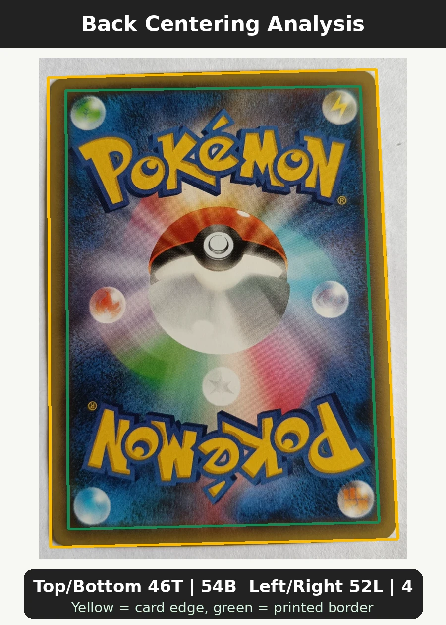 Mew 017 XY110 XY Black Star Promos back centering analysis showing Top/Bottom 46T | 54B and Left/Right 52L | 48R.