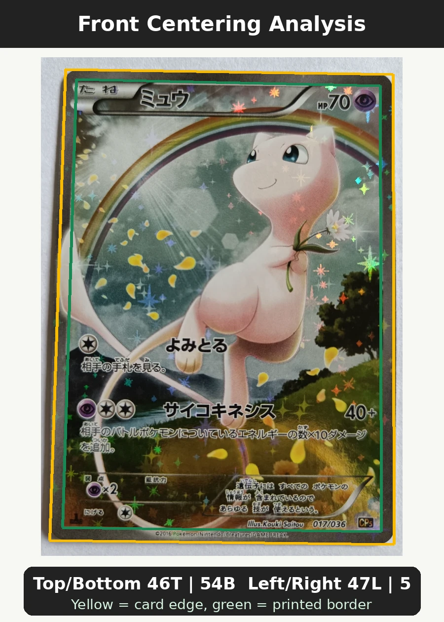 Mew 017 XY110 XY Black Star Promos front centering analysis showing Top/Bottom 46T | 54B and Left/Right 47L | 53R.