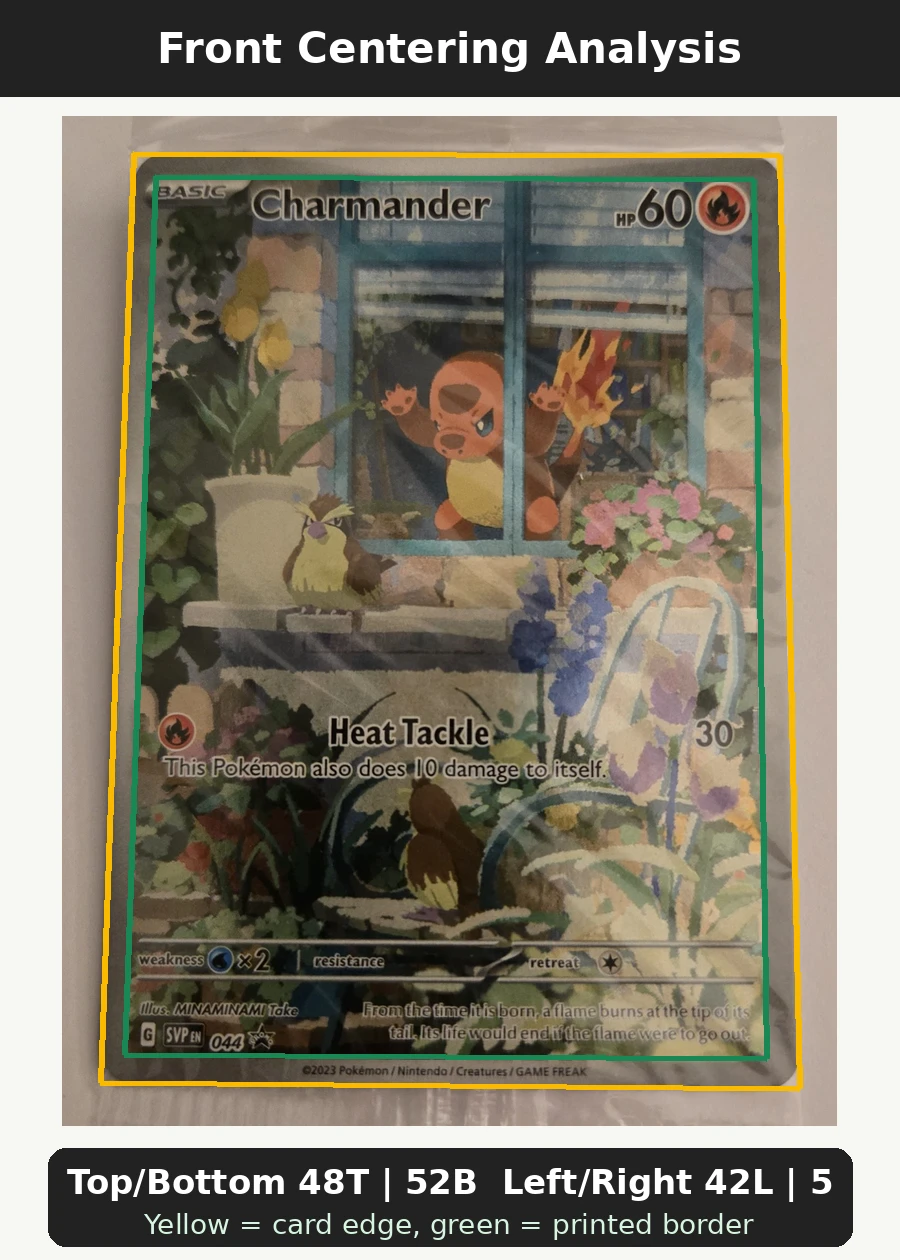 Charmander 044/225 SVP Black Star Promos front centering analysis showing Top/Bottom 48T | 52B and Left/Right 42L | 58R.
