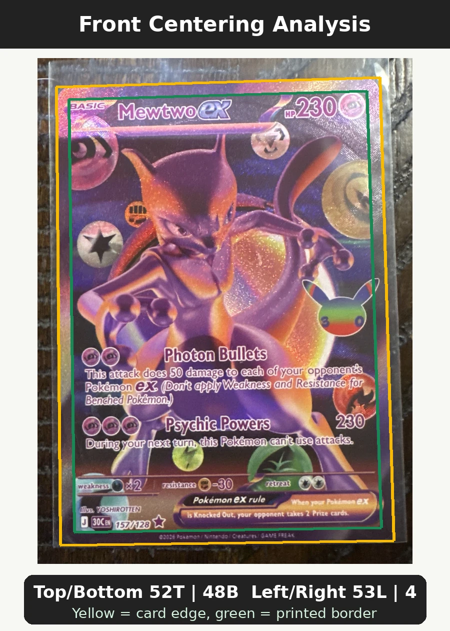 Mewtwo ex 157/128 30th Celebration front centering analysis showing Top/Bottom 52T | 48B and Left/Right 53L | 47R.