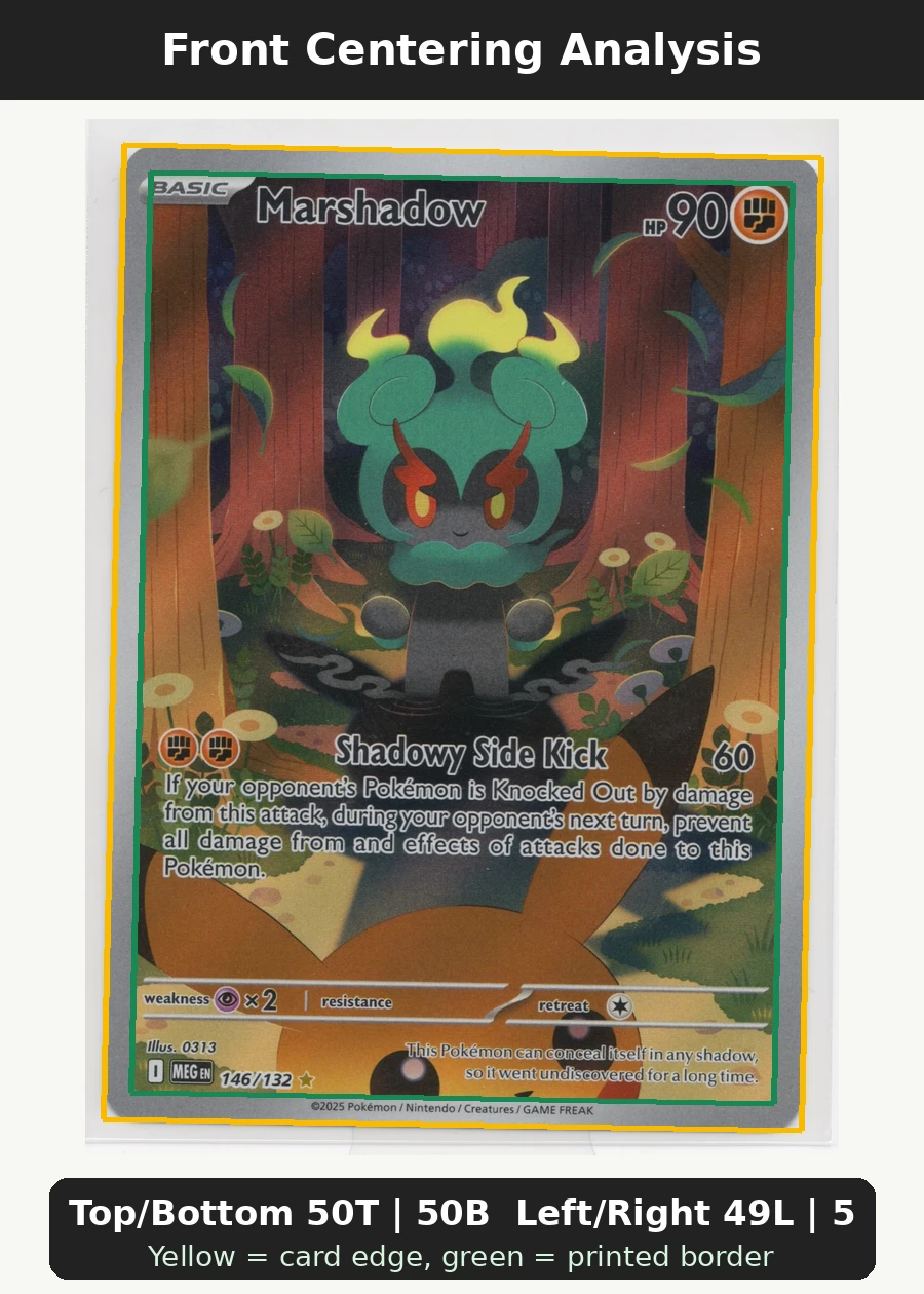 Marshadow 146/132 Mega Evolution front centering analysis showing Top/Bottom 50T | 50B and Left/Right 49L | 51R.