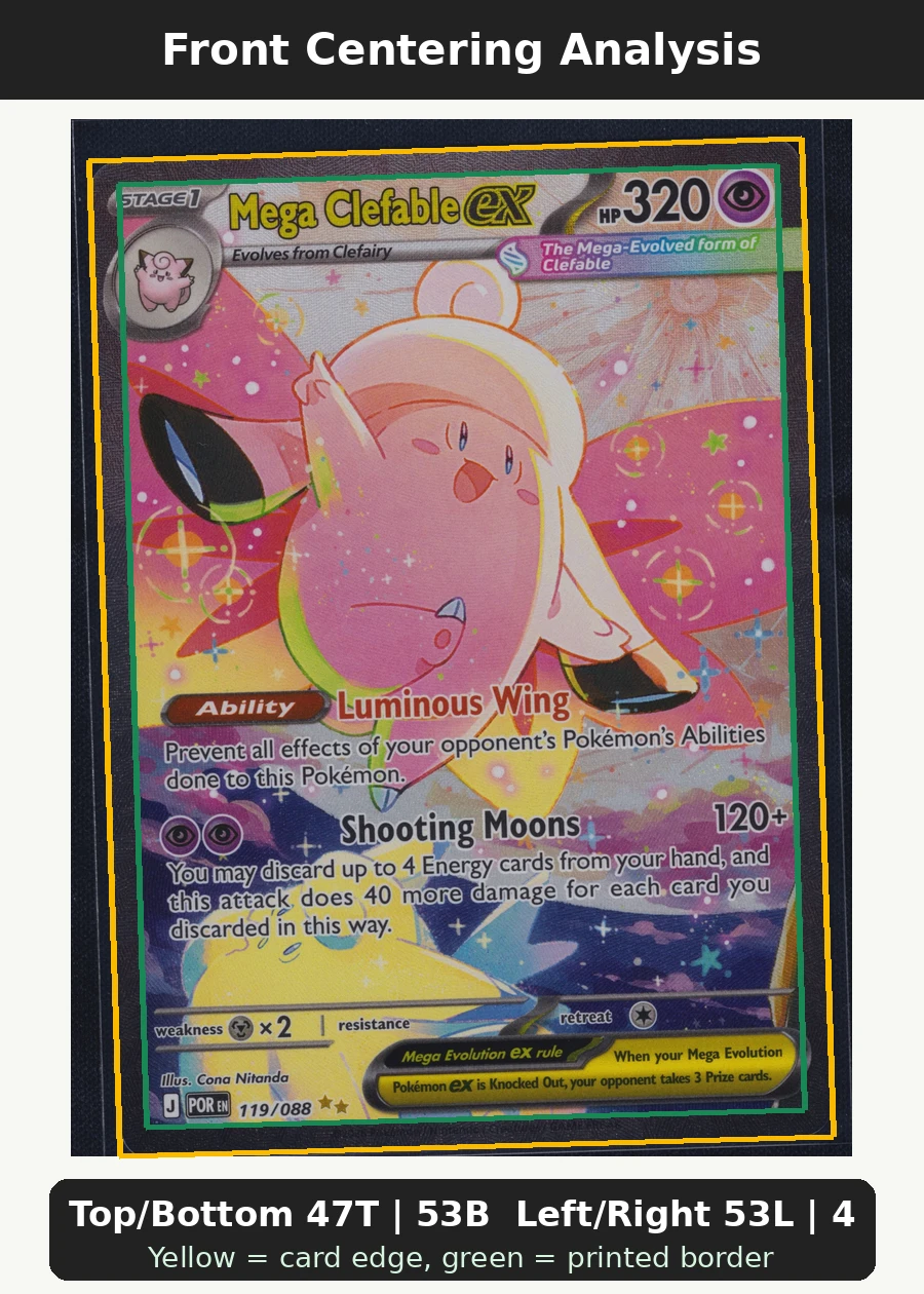 Mega Clefable ex 119/88 Perfect Order front centering analysis showing Top/Bottom 47T | 53B and Left/Right 53L | 47R.