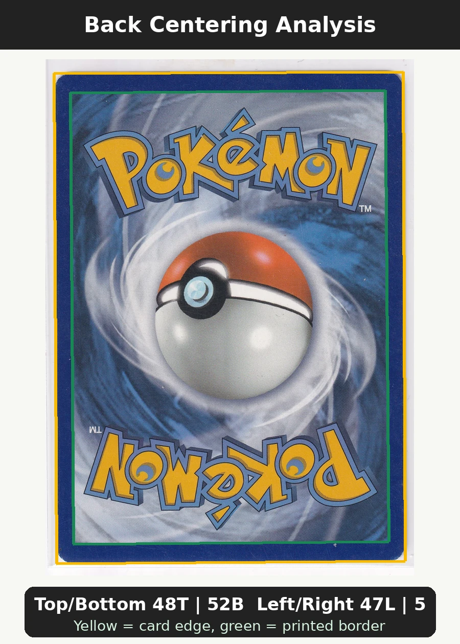 Primal Kyogre EX 096/98 Ancient Origins back centering analysis showing Top/Bottom 48T | 52B and Left/Right 47L | 53R.