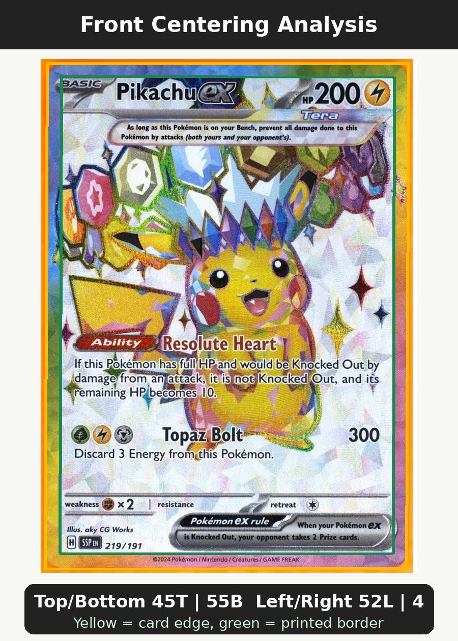 Pikachu ex 219/191 Surging Sparks front centering analysis showing Top/Bottom 45T | 55B and Left/Right 52L | 48R.