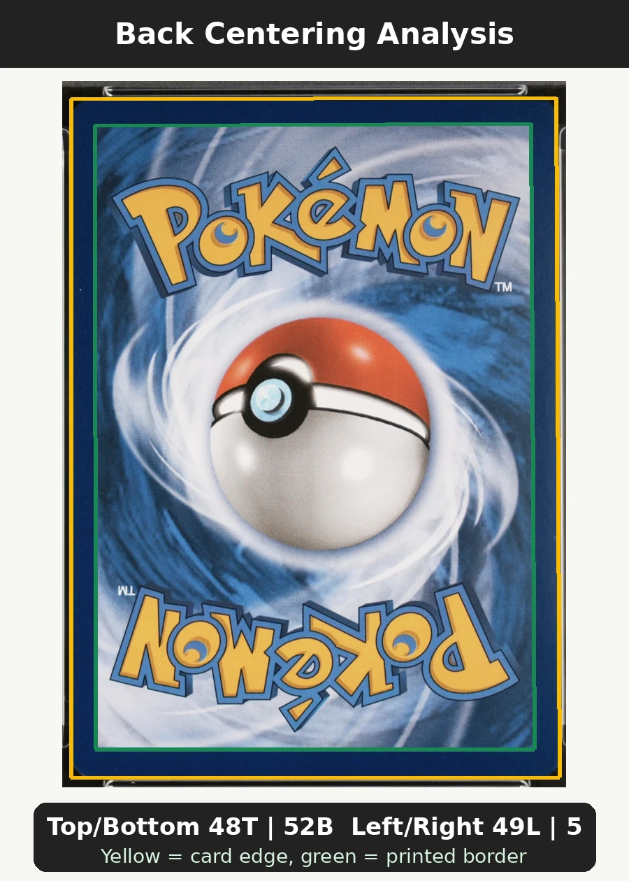 Gardevoir EX RC30/83 Generations back centering analysis showing Top/Bottom 48T | 52B and Left/Right 49L | 51R.