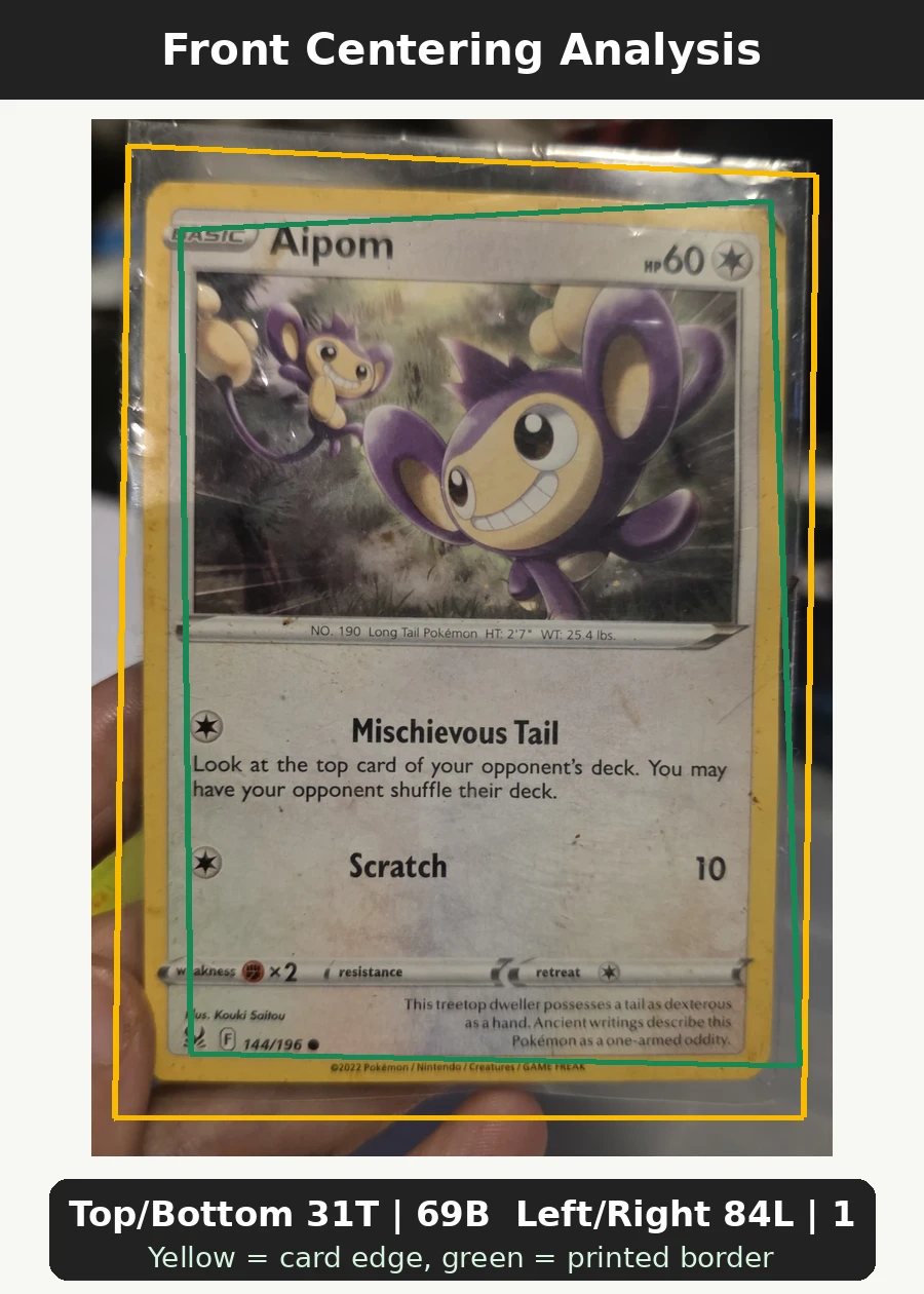 Aipom 144/196 Lost Origin front centering analysis showing Top/Bottom 31T | 69B and Left/Right 84L | 16R.