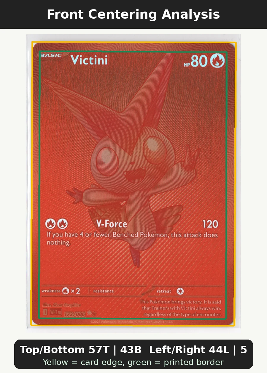 Victini 171/86 Black Bolt front centering analysis showing Top/Bottom 57T | 43B and Left/Right 44L | 56R.