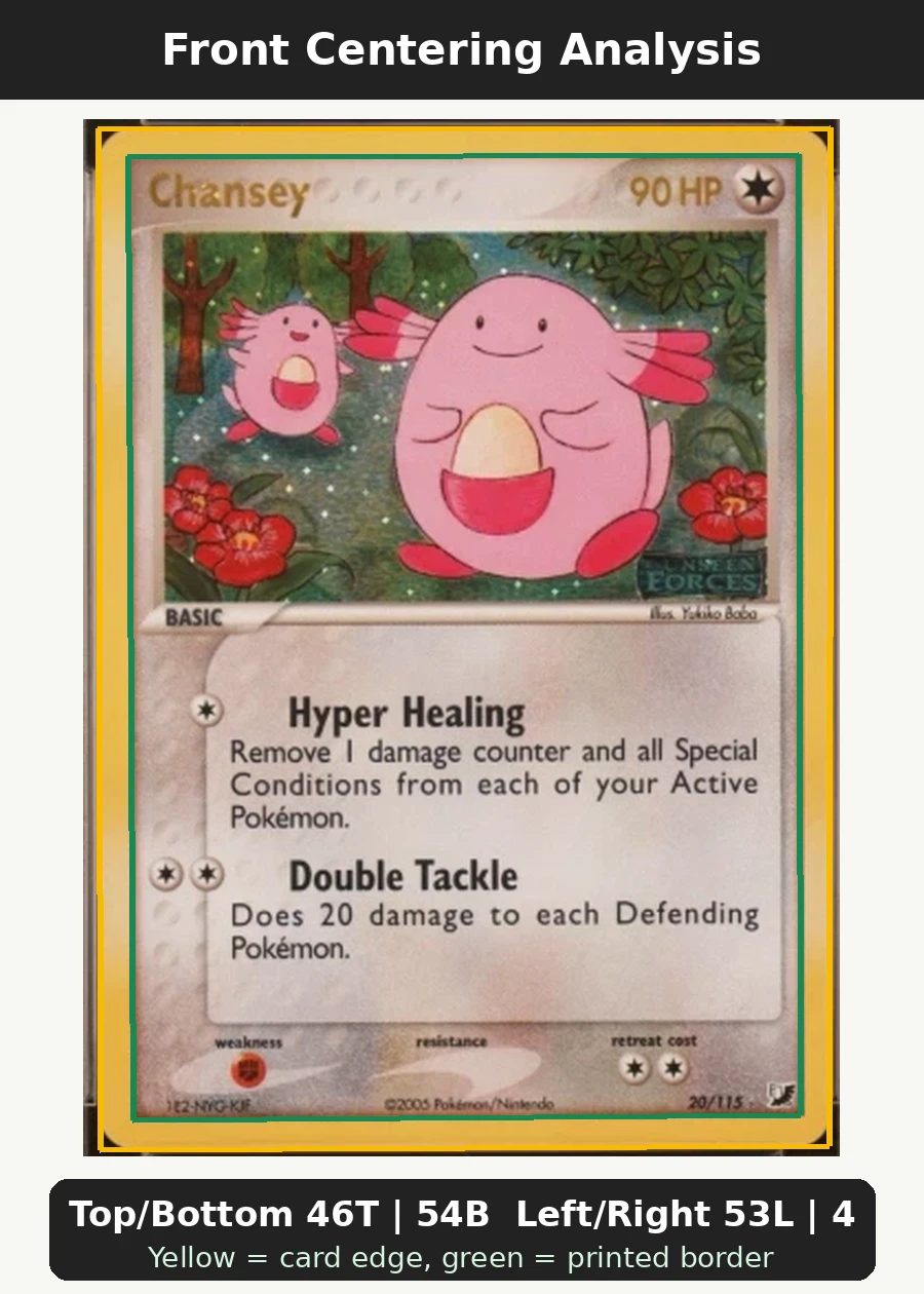 Chansey 020/115 Unseen Forces front centering analysis showing Top/Bottom 46T | 54B and Left/Right 53L | 47R.