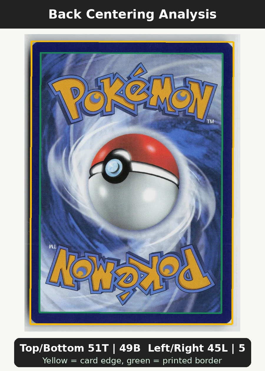 Misty's Psyduck 045/182 · Reverse Holo Destined Rivals back centering analysis showing Top/Bottom 51T | 49B and Left/Right 45L | 55R.