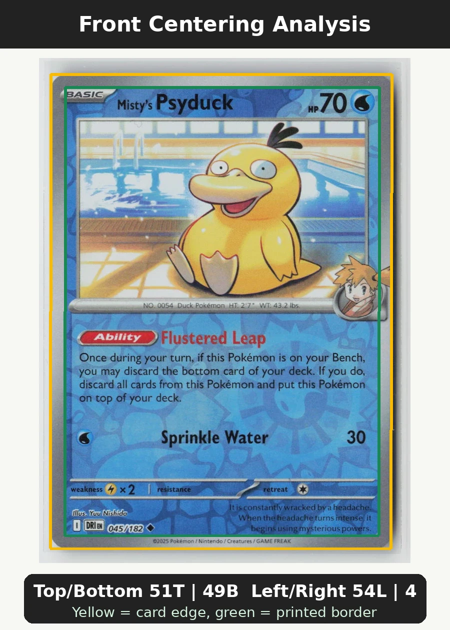 Misty's Psyduck 045/182 · Reverse Holo Destined Rivals front centering analysis showing Top/Bottom 51T | 49B and Left/Right 54L | 46R.