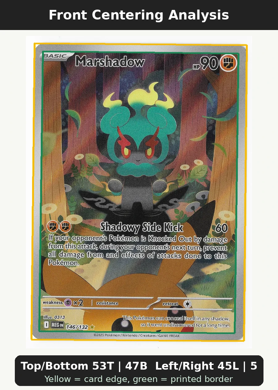 Marshadow 146/132 Mega Evolution front centering analysis showing Top/Bottom 53T | 47B and Left/Right 45L | 55R.