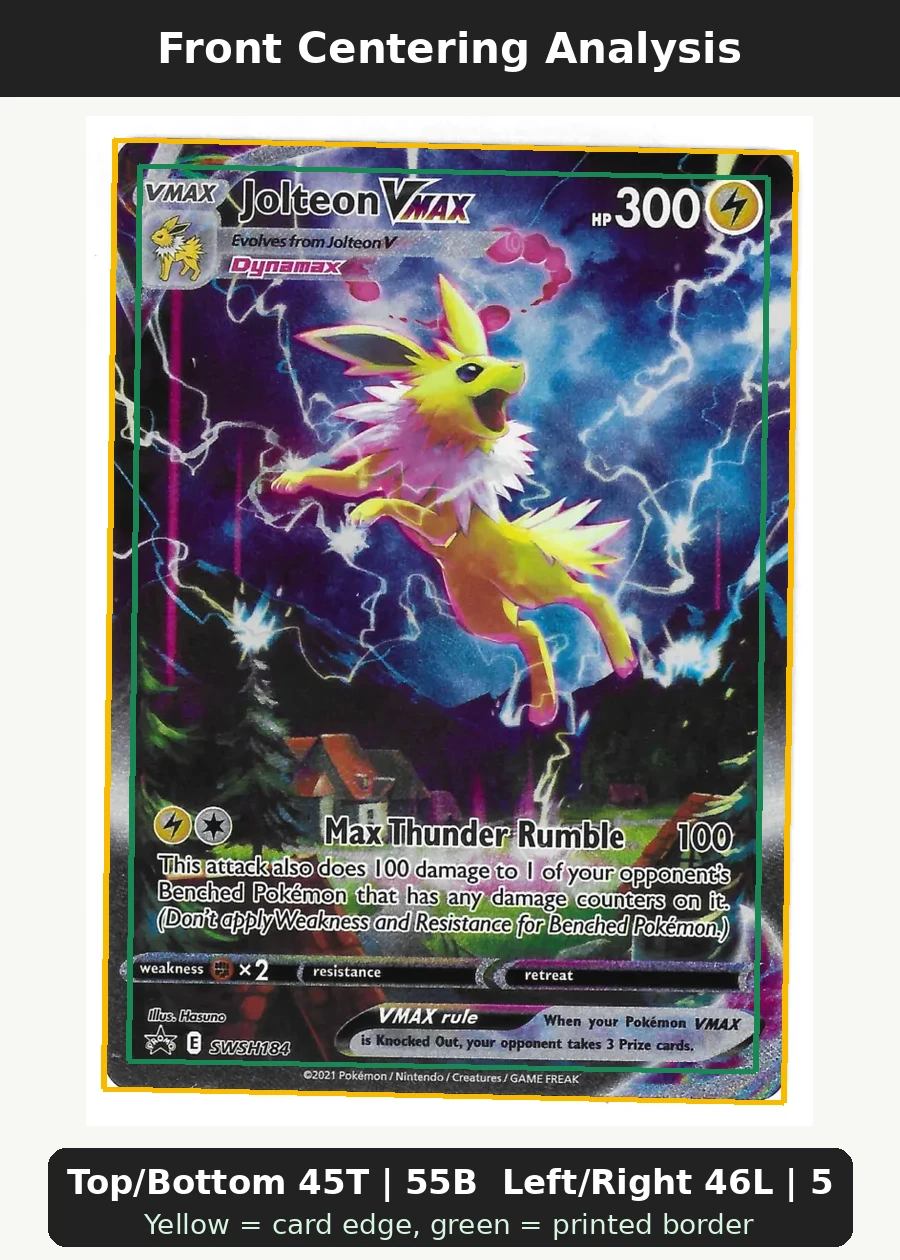 Jolteon VMAX SWSH184/307 SWSH Black Star Promos front centering analysis showing Top/Bottom 45T | 55B and Left/Right 46L | 54R.