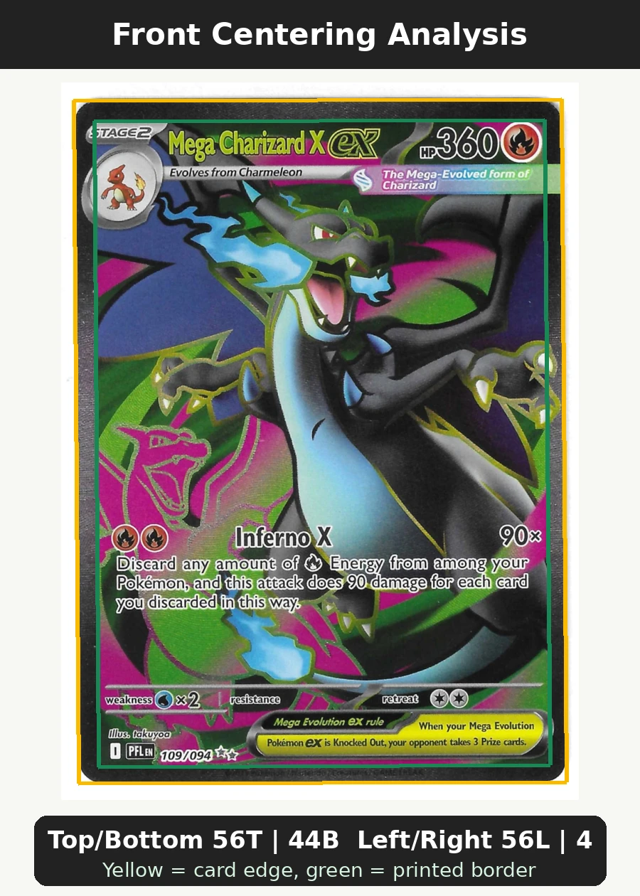 Mega Charizard X ex 109/94 [Aniq] Phantasmal Flames front centering analysis showing Top/Bottom 56T | 44B and Left/Right 56L | 44R.