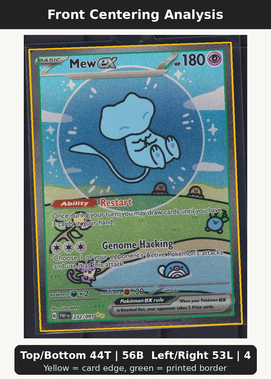Mew ex 232/91 Paldean Fates front centering analysis showing Top/Bottom 44T | 56B and Left/Right 53L | 47R.